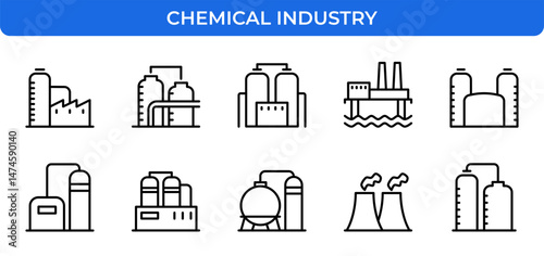 Chemical Industry Factory Plant Production Line Icons Set Manufacturing Engineering Technology Outline Vector Editable Stroke Easy to Edit Flat Icons