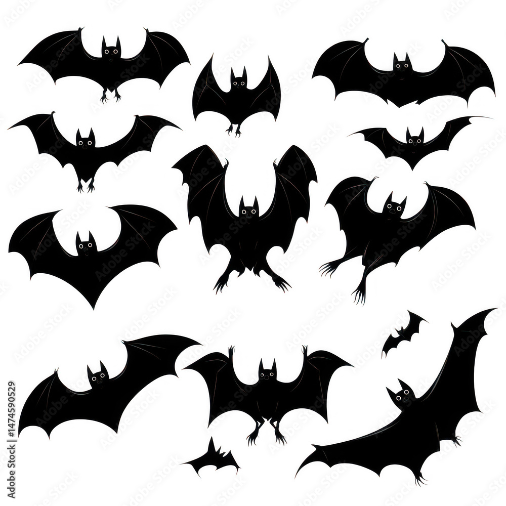 Fototapeta premium Silhouette bats flying illustration on transparent background