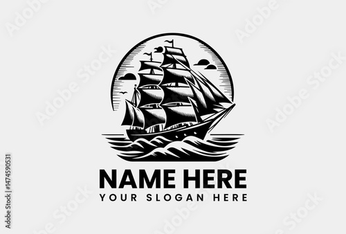 Bold Sailing Ship on Waves Graphic. Adventure Voyage Vector Logo Design