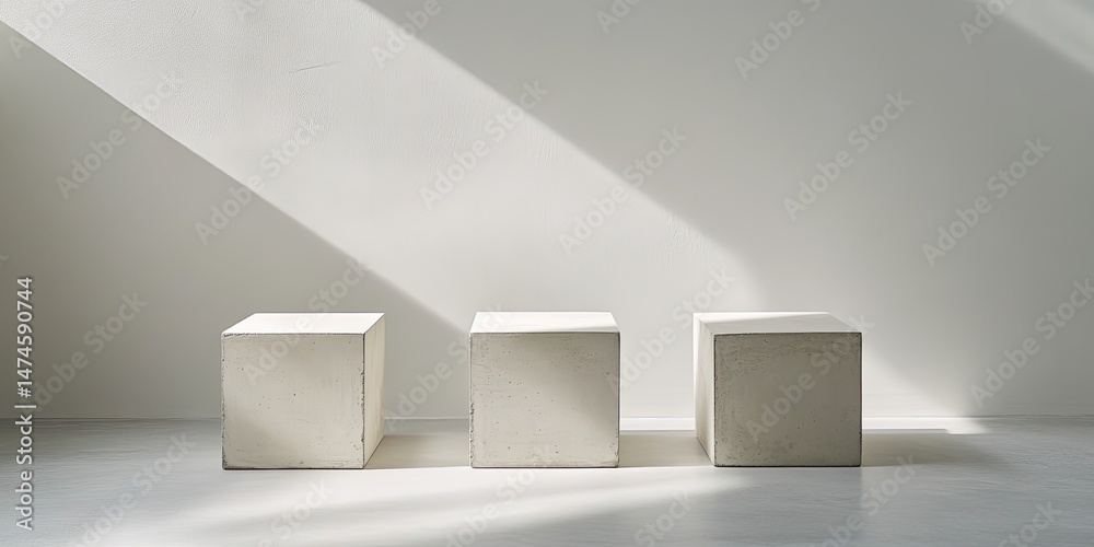 Fototapeta premium Three light-grey cubes in sunlit room
