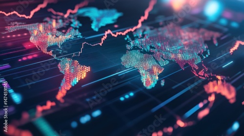 Global Network:  A Digital World Map Showing Interconnectedness and Data Flows