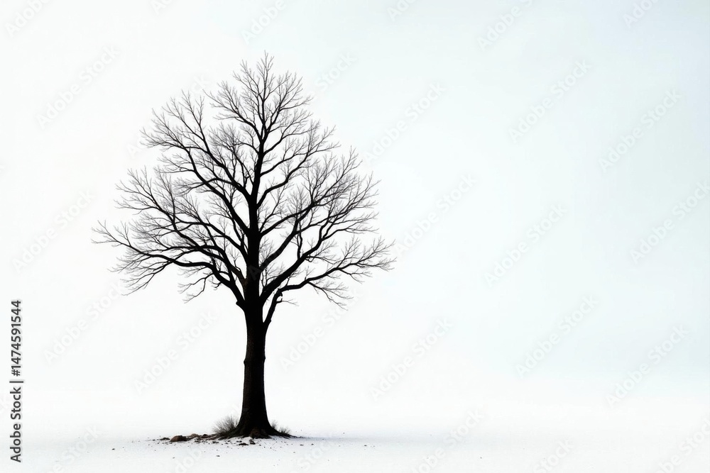Obraz premium Single leafless tree, stark branches reaching skyward on bright white , white, tree, background
