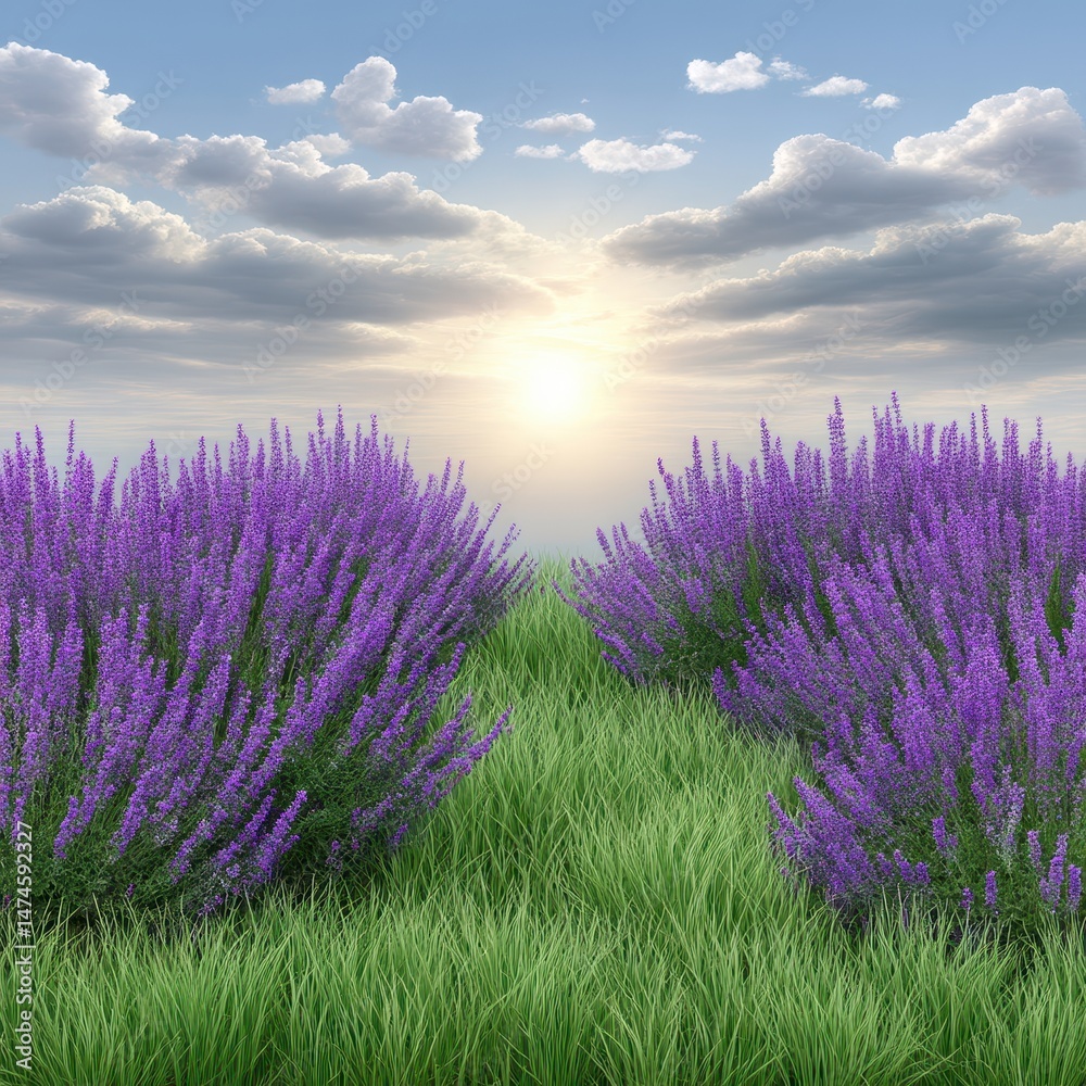 Fototapeta premium Sunrise Lavender Field Purple Flowers and Green Grass Under Partly Cloudy Sky