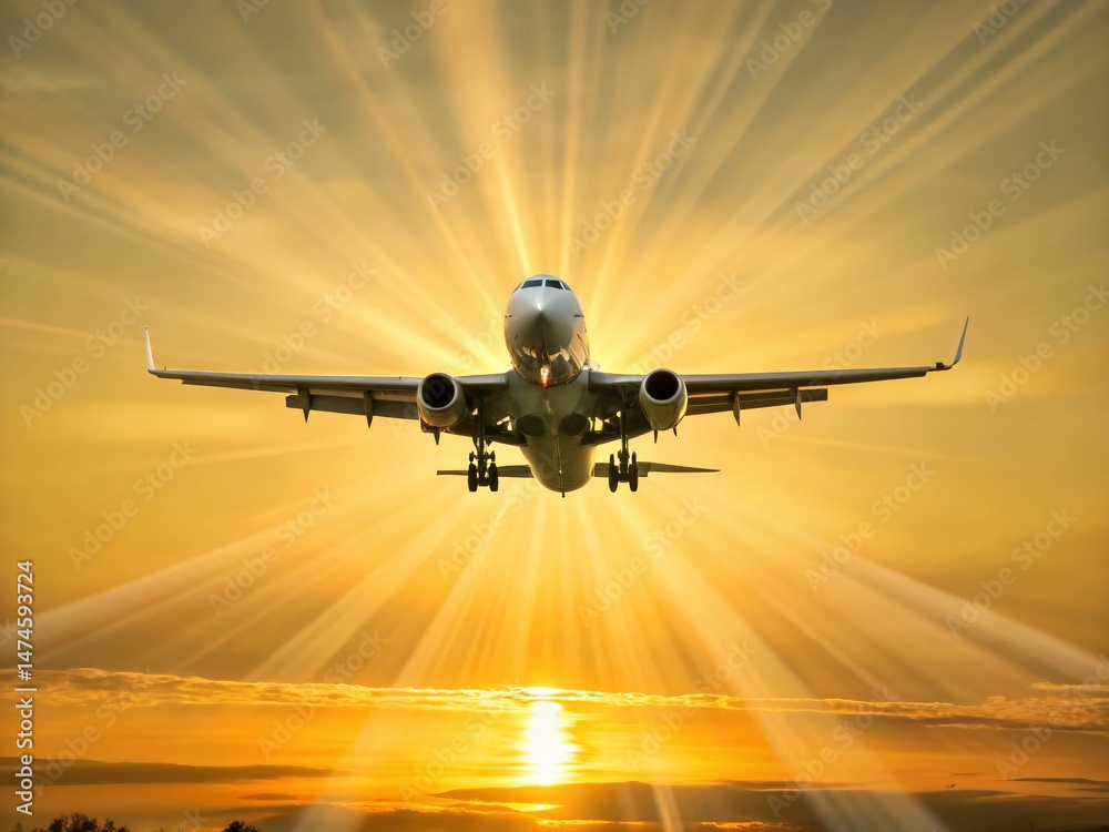Naklejka premium Scenic Airplane Landing at Sunset: Long Exposure Travel Photography