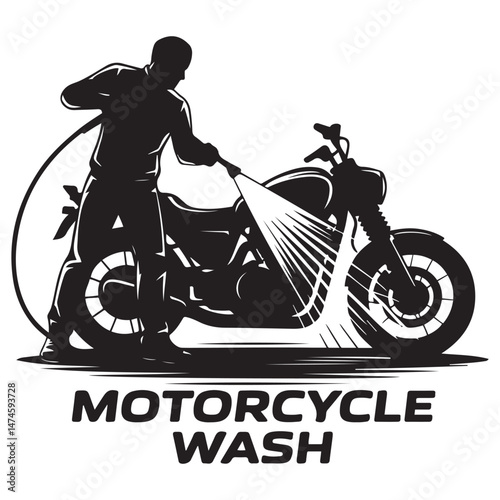 Silhouette of Man washing a motorcycle with high pressure washer. Spraying water from the hose.of motorcycle wash Vector Black silhouette. with white background