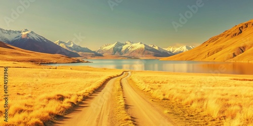 Scenic Mountain Valley Dirt Road Lake Snowcapped Peaks Blue Sky Stock Photo