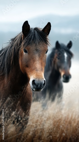 Majestic horses grazing in foggy meadow during early morning light