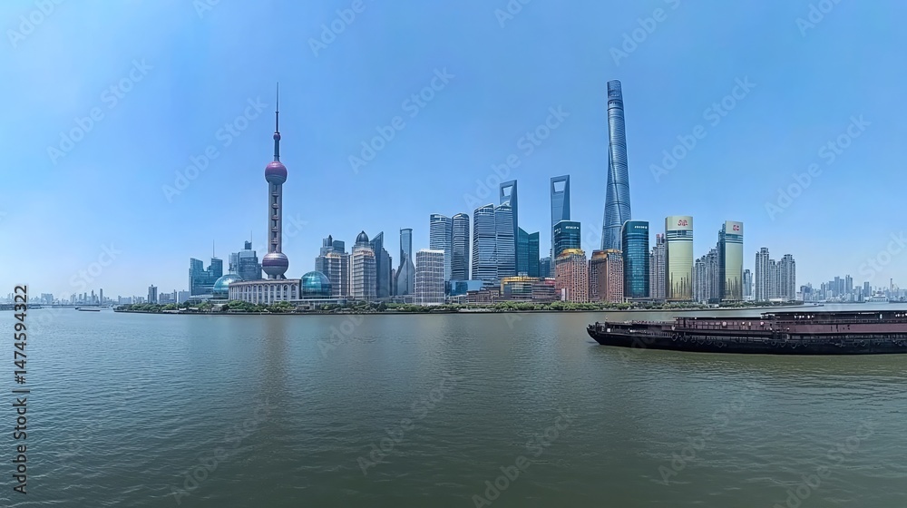 Naklejka premium Shanghai Cityscape Panoramic View featuring Towering Skyscrapers and Boat on River