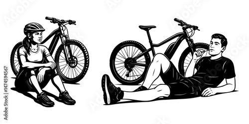 Man and woman resting near bicycles in casual sportswear after a bike ride, depicted in black and white illustration