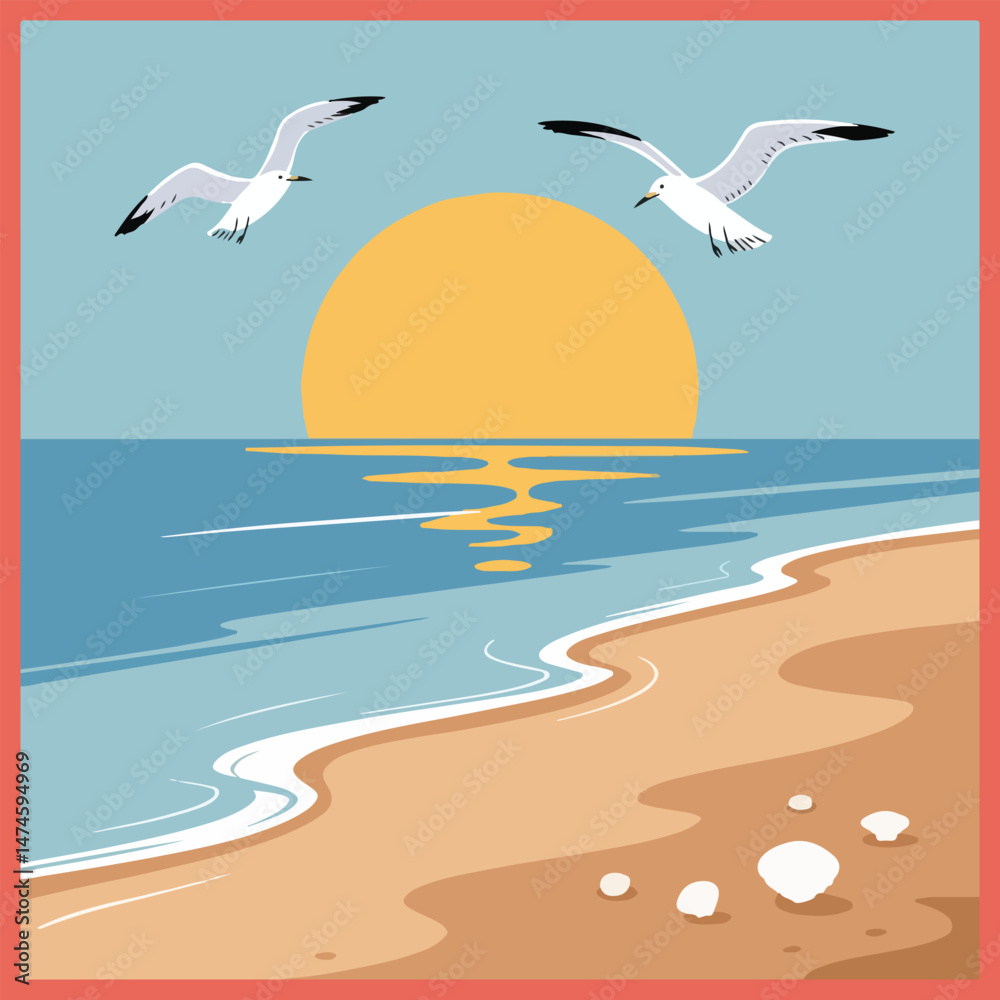 Fototapeta premium National Beach Day Vector Set – Solid Color Illustrations of Beach Scenes, Typography Quotes, Summer Elements like Palm Trees, Surfboards, Sandcastles, Sun, Waves, Flip-Flops, and More