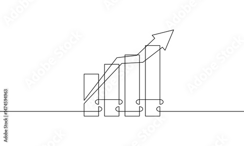 Continuous one line drawing of graph on white background. Illustration vector of increasing arrow up. Single line art of bar chart. Flat icon of business growth. Sign symbol