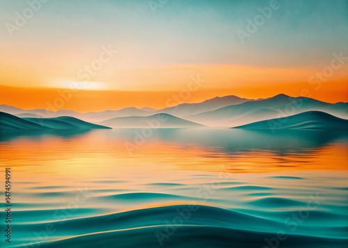 Serene Blue Watercolor Landscape: Peaceful Gradient Sky and Rolling Hills Stock Photo