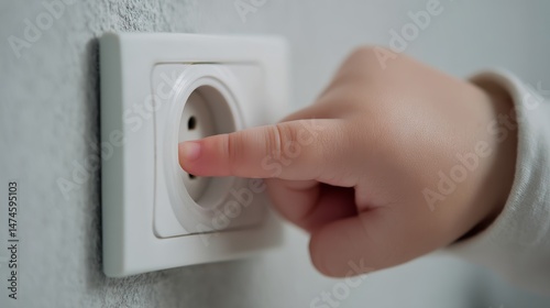 Little toddler putting fingers in a power socket, symbolizing a dangerous situation at home. Concept of domestic accidents, child safety, and the importance of home safety measures to prevent injuries