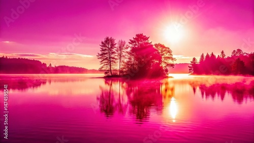 Serene Early Morning Lake Landscape: Misty Dawn, Calm Water, Golden Light