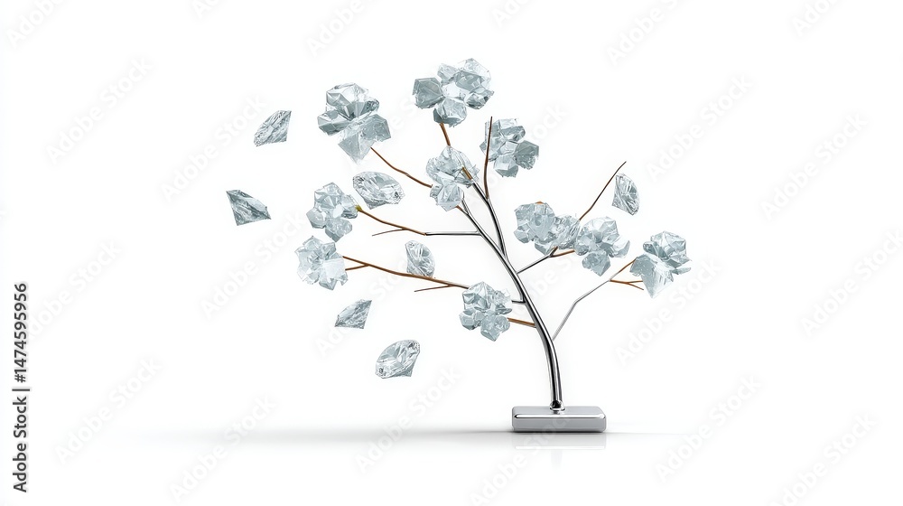 Elegant clear crystal flower sculpture with abstract design and minimalist aesthetic on white background Elegant clear crystal flower sculpture with abstract design and minimalist aesthetic on white background