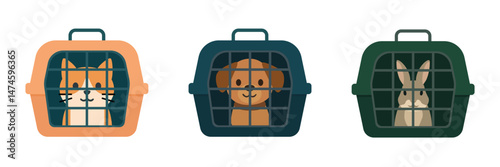 Illustration of a cat, dog, and rabbit each sitting inside separate pet carriers, representing animal transport or vet visits. Vector illustration