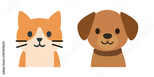 Flat style illustration of a smiling cat and dog side by side, perfect for pet-related content or children's graphics. Vector illustration