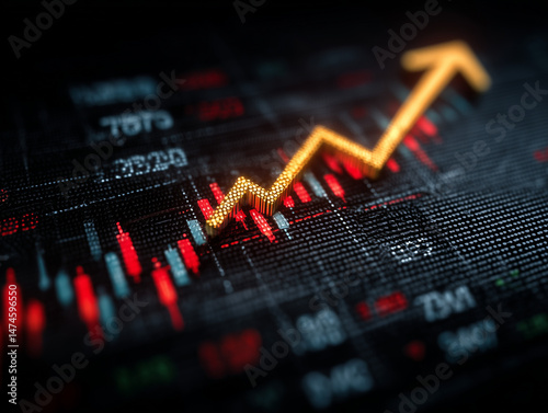 Gráfico com seta ascendente em destaque, simbolizando sucesso nos negócios, crescimento econômico, resultados positivos e desempenho em alta em diferentes setores do mercado