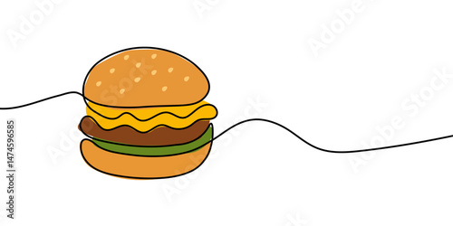Simple vector drawing of a cheeseburger created in a continuous line art style, ideal for food design or branding use. A single line drawing of a hamburger in color