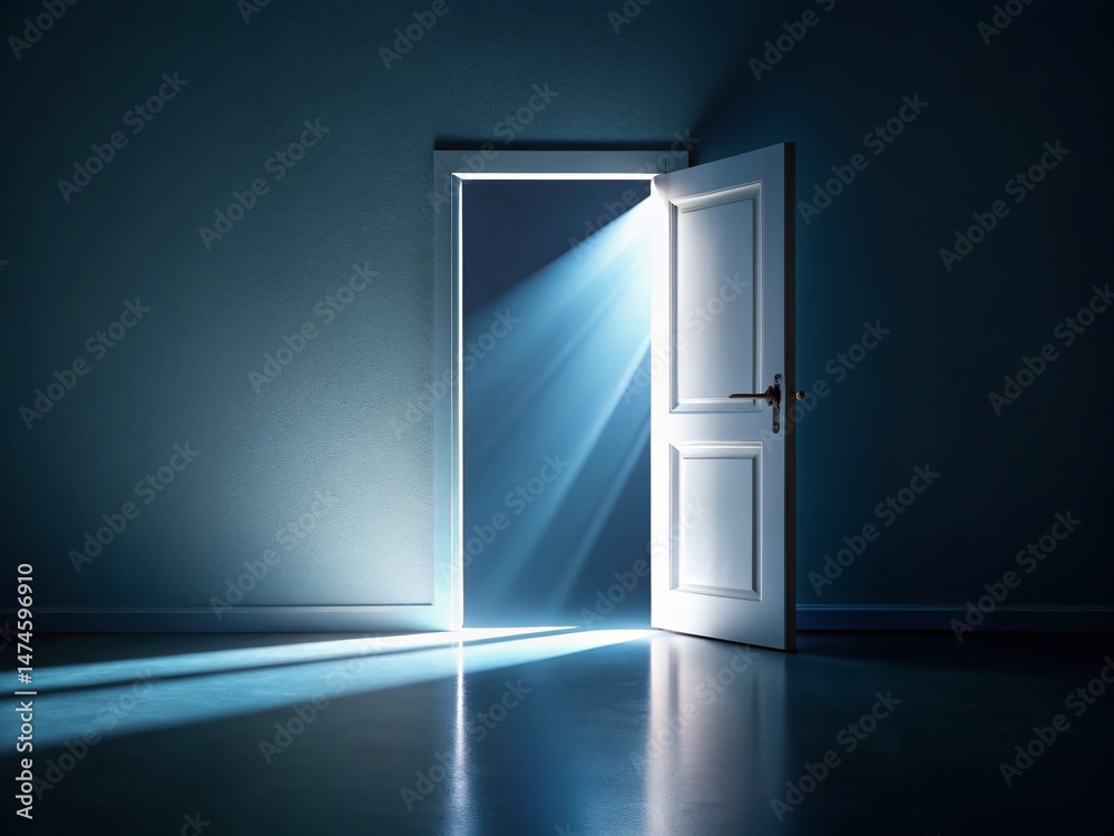 Serene Light Stream: White Light Illuminates Dark Room Through Ajar Door Serene Light Stream: White Light Illuminates Dark Room Through Ajar Door