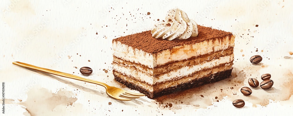 Delicious tiramisu slice, coffee beans, gold fork.