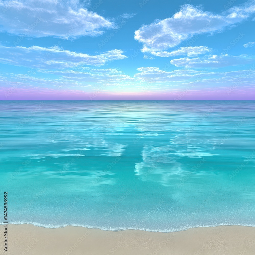 Naklejka premium Tranquil Turquoise Ocean Sunrise Seascape Peaceful Beach Scene with Pastel Sky