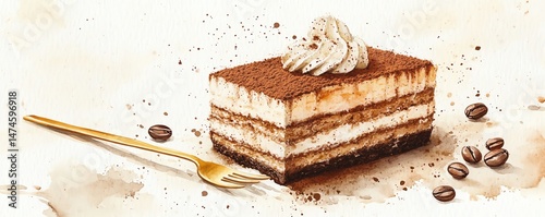 Obraz na płótnie Delicious tiramisu slice, coffee beans, gold fork. w salonie