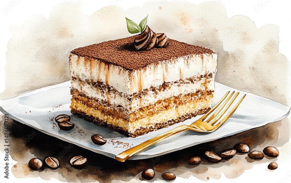 Delicious tiramisu slice on a plate with coffee beans.