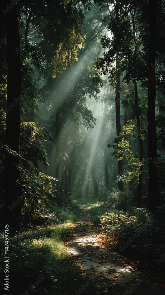 Obraz premium Sunbeams piercing a misty forest path