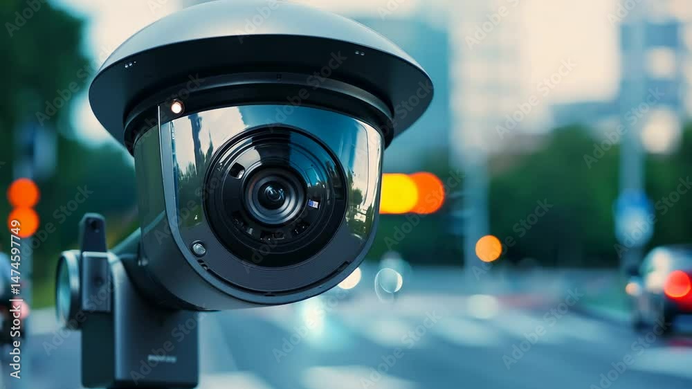 Security surveillance camera in close up view with blurred urban background and traffic lights on street Security surveillance camera in close up view with blurred urban background and traffic lights on street