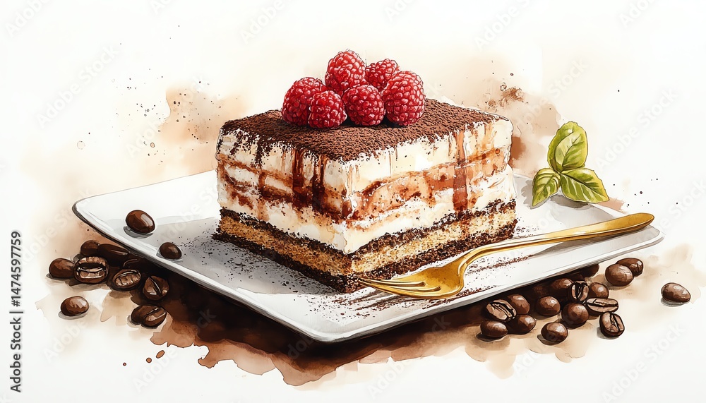 Delicious tiramisu dessert with raspberries