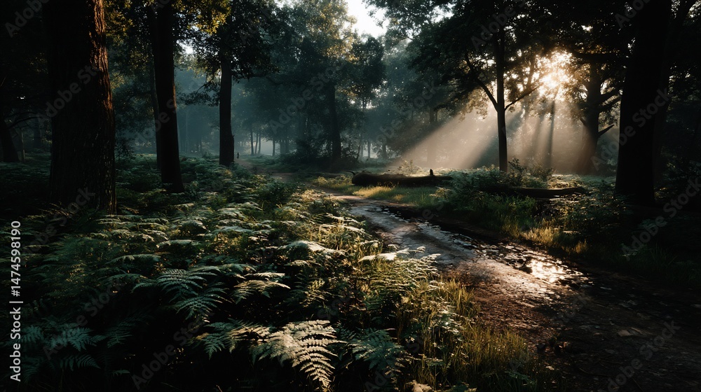 Fototapeta premium Sunbeams pierce misty forest path