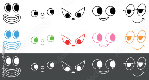 Colorful Cartoon Face Expressions Set. Happy, Angry, Playful, and Cool Emotions. Vector illustration isolated on gray and white background.
