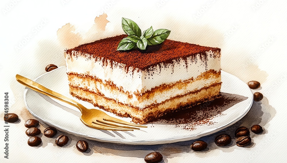 Delicious Tiramisu slice, coffee beans, gold fork. Watercolor style.