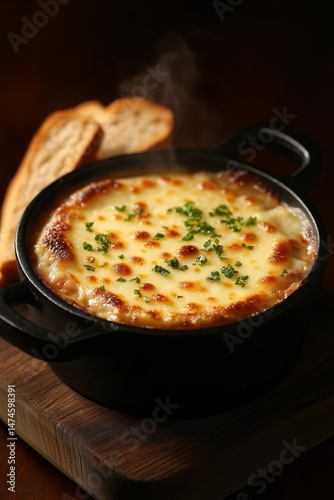 Wallpaper Mural Rustic French onion soup served in deep cast iron pot, with crispy cheese crust, garnished with herbs and accompanied by toasted bread Torontodigital.ca