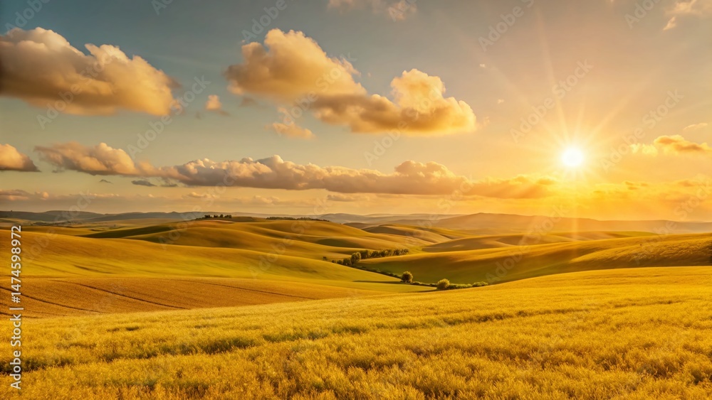 Obraz premium Serene Sunset Landscape: Golden Hour Meadow with Rolling Hills