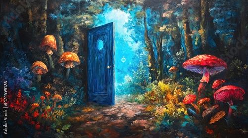 an image of the entrance to a forest with mushrooms and a door leading to a, magic doorway, magical portal gateway