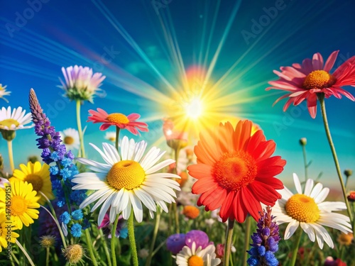 Serene Sunset Meadow: Double Exposure of Soft Flowers & Golden Light