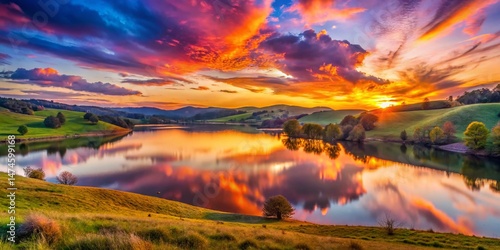 Serene Sunset Landscape: Golden Hour Over Rolling Hills and Calm Lake