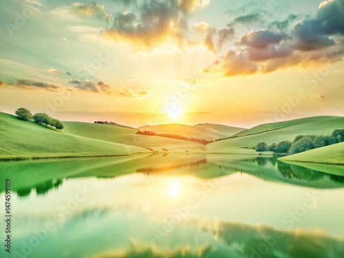 Serene Sunset Over Rolling Hills and a Tranquil Lake - Stunning Landscape Photography