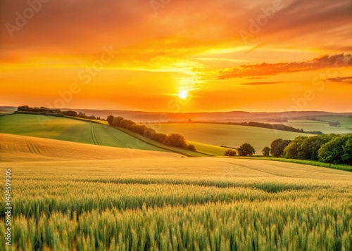 Serene Sunset Over Rolling Hills and Golden Wheat Fields