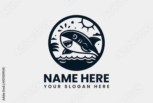 Stylized Cute Shark Vector Logo Design Graphic. Playful Marine Design