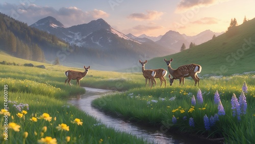 Fototapeta Naklejka Na Ścianę i Meble -  Deer Grazing in a Flowery Meadow with Mountains in the Distance