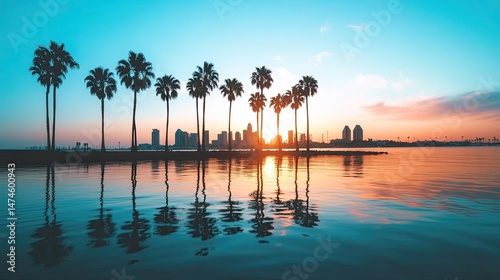 Silhouette Palm Trees Reflecting in Water at San Diego Cityscape Sunset Scenery
