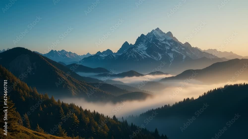 Spectacular Mountain Range Scenery with Foggy Valleys and Golden Sunrise Spectacular Mountain Range Scenery with Foggy Valleys and Golden Sunrise