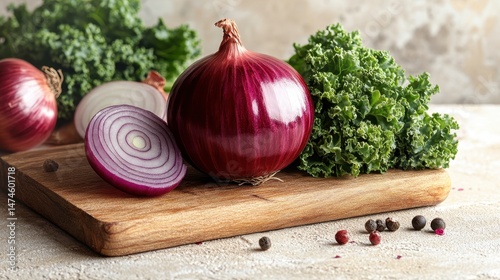 Hyper-Realistic Closeup of Red Onion on Wooden Board with Italian Curly Kale, Rose Gold Pickled Shallots, and Double Mini Red Onions. Beige Background Studio Photo for Cookbooks, Food