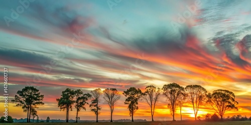 Silhouetted Trees at Sunset, Dramatic Night Sky, Golden Hour Landscape Photography