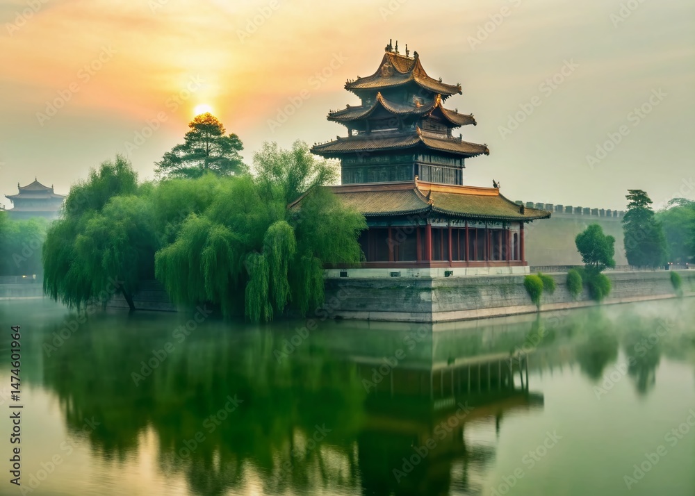 Naklejka premium Silhouette Forbidden City Corner Tower & Misty River at Dawn