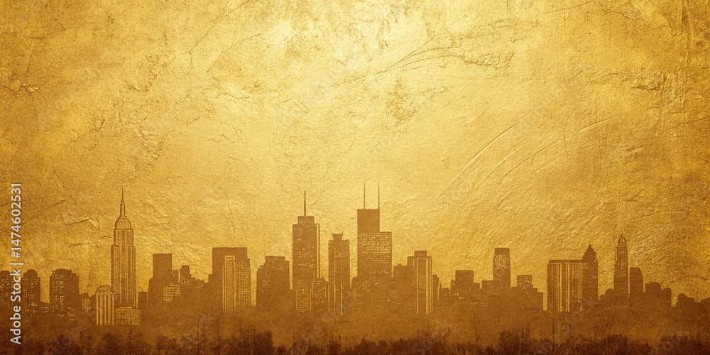 Obraz premium Gold foil skyline texture with dark silhouette cityscape, luxury golden grunge background for urban design, poster, or digital art use