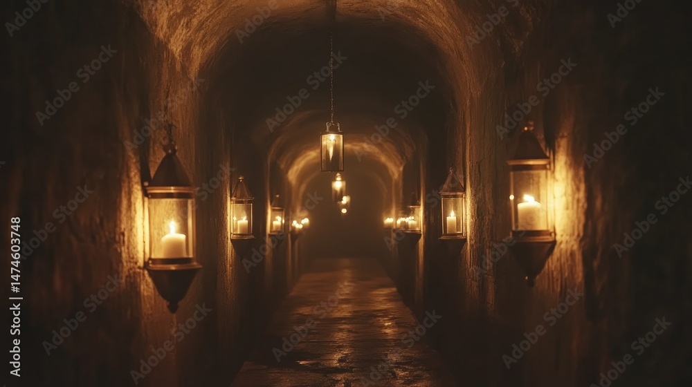 Fototapeta premium A cinematic shot of a wine cellar hallway fading into darkness, lined with bottles and glowing lanterns